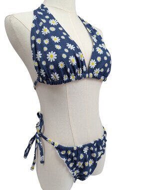 Pink X Frankie's Bikinis Blue Daisy Bikini Set Halter Top Reign Bottom Set XL/L